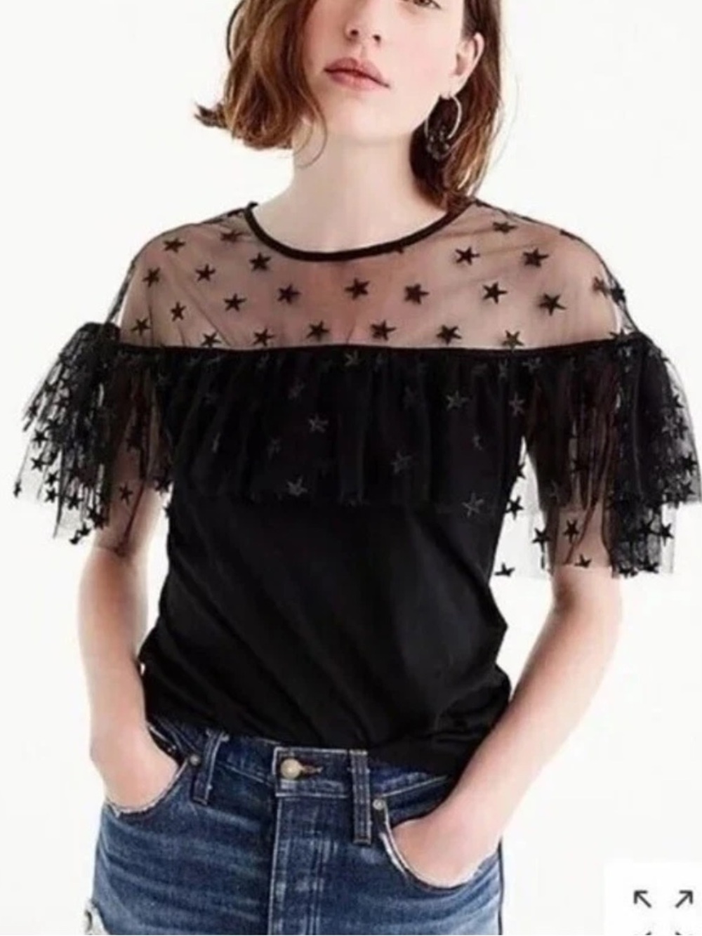 J. Crew Black Star Embroidered Tulle Top Size S